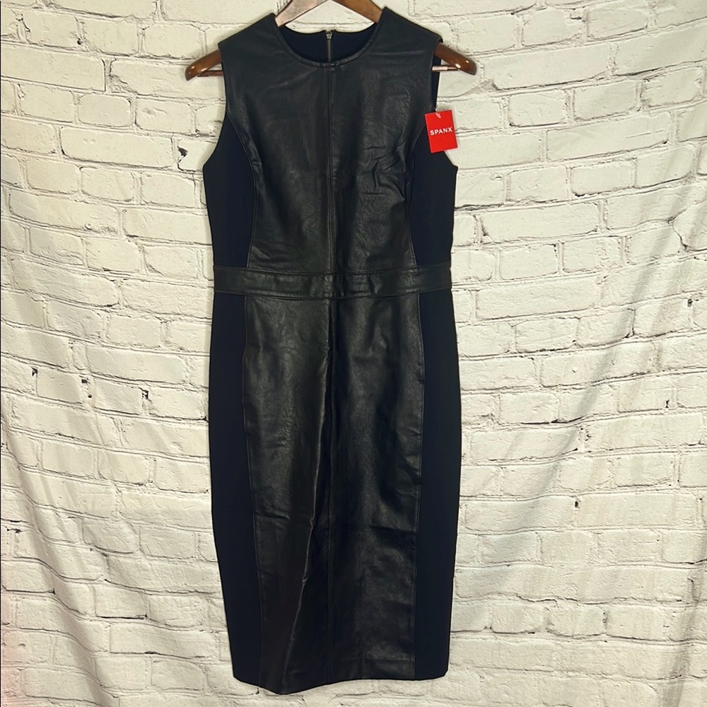 Spanx Sleeveless Black Faux Leather Sheath Dress Size Medium Brand New W/Tags